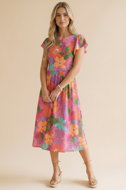 Ruffle Sleeve Floral Dress- Tropical Pink