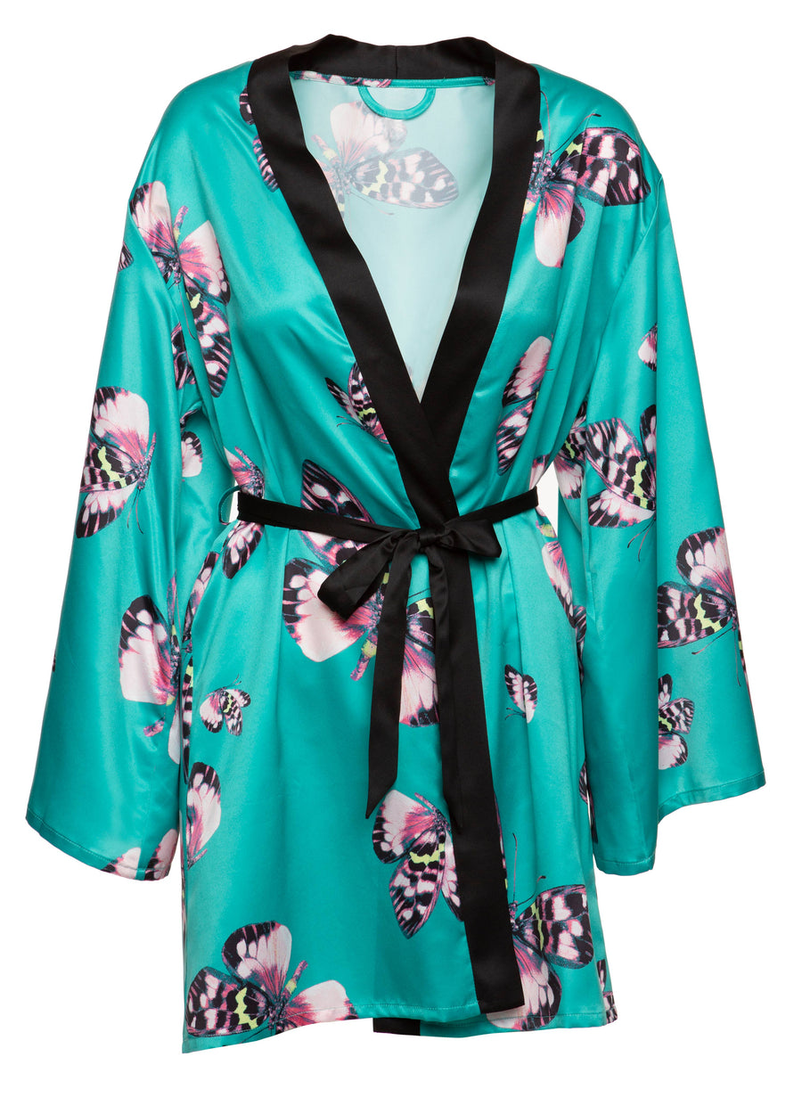 Adrienne Printed Satin Kimono - Teal Satin Wings