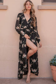 Faux Wrap Hi Low Dress- Black Floral