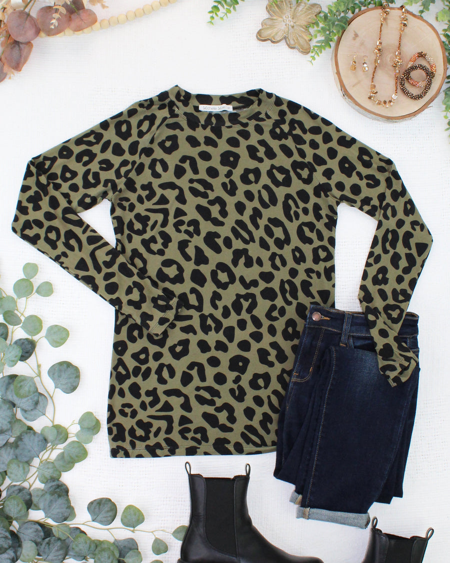 WAREHOUSE ONLY Blair Long Sleeve Top - Olive Animal Print
