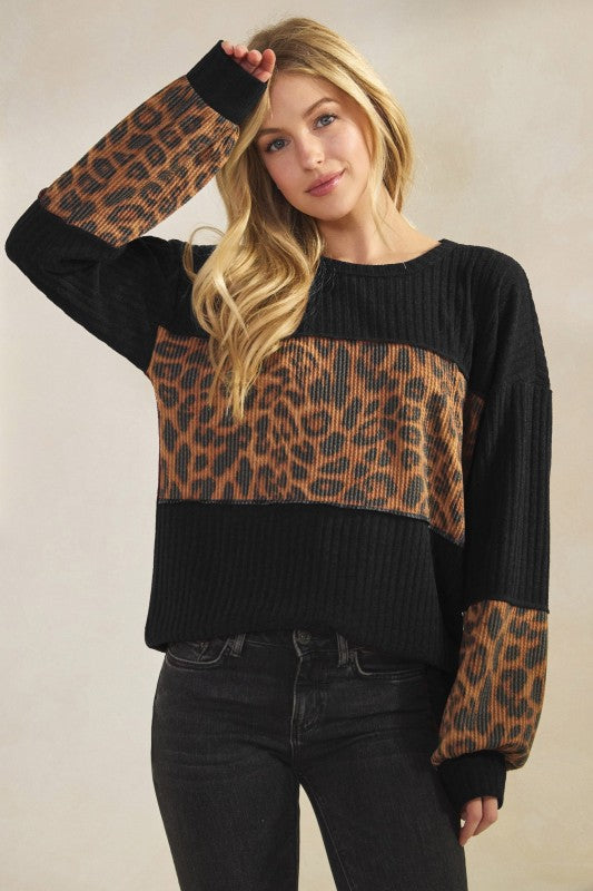 Long Sleeve Solid Rib and Leopard Top- Black