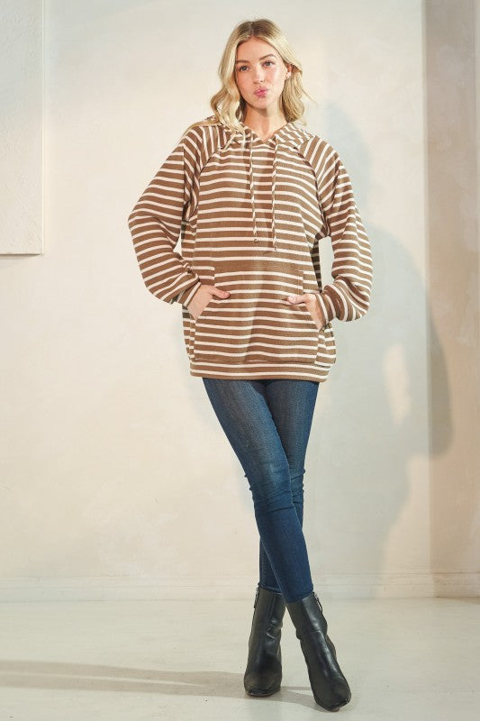 Long Puff Sleeve Stripe Urban Ribbed Hoodie- Tan Stripes