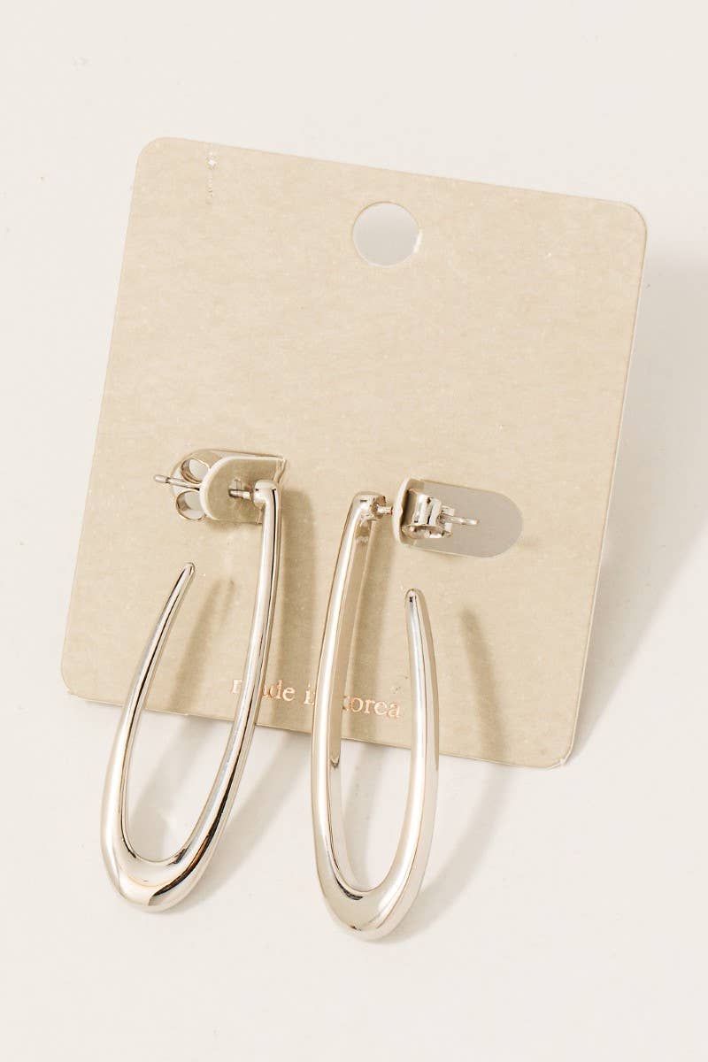 Metallic Long Thin Oval Hoop Earrings: Silver