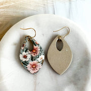 Sage Green & Pink Leather Teardrop Earrings 