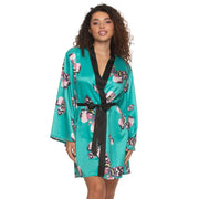 Adrienne Printed Satin Kimono - Teal Satin Wings