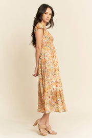 Smocked Bodice Flutter Sleeve Midi Dress- Sunshine Floral