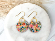 Watercolor Spring Floral Crescent Leather Earrings: Medium Silver