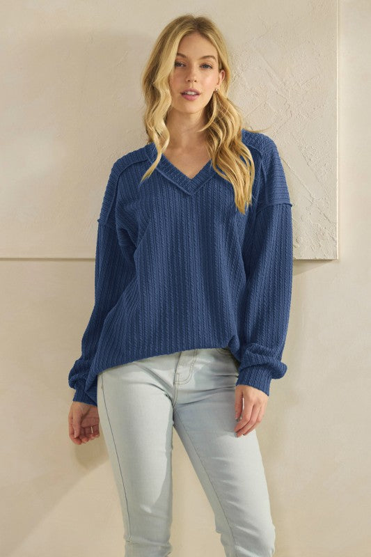 Long Puff Sleeve Solid Top- Navy