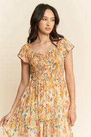 Smocked Bodice Flutter Sleeve Midi Dress- Sunshine Floral