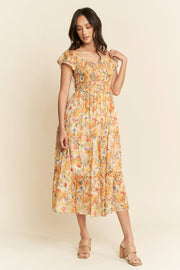 Smocked Bodice Flutter Sleeve Midi Dress- Sunshine Floral