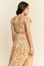 Smocked Bodice Flutter Sleeve Midi Dress- Sunshine Floral