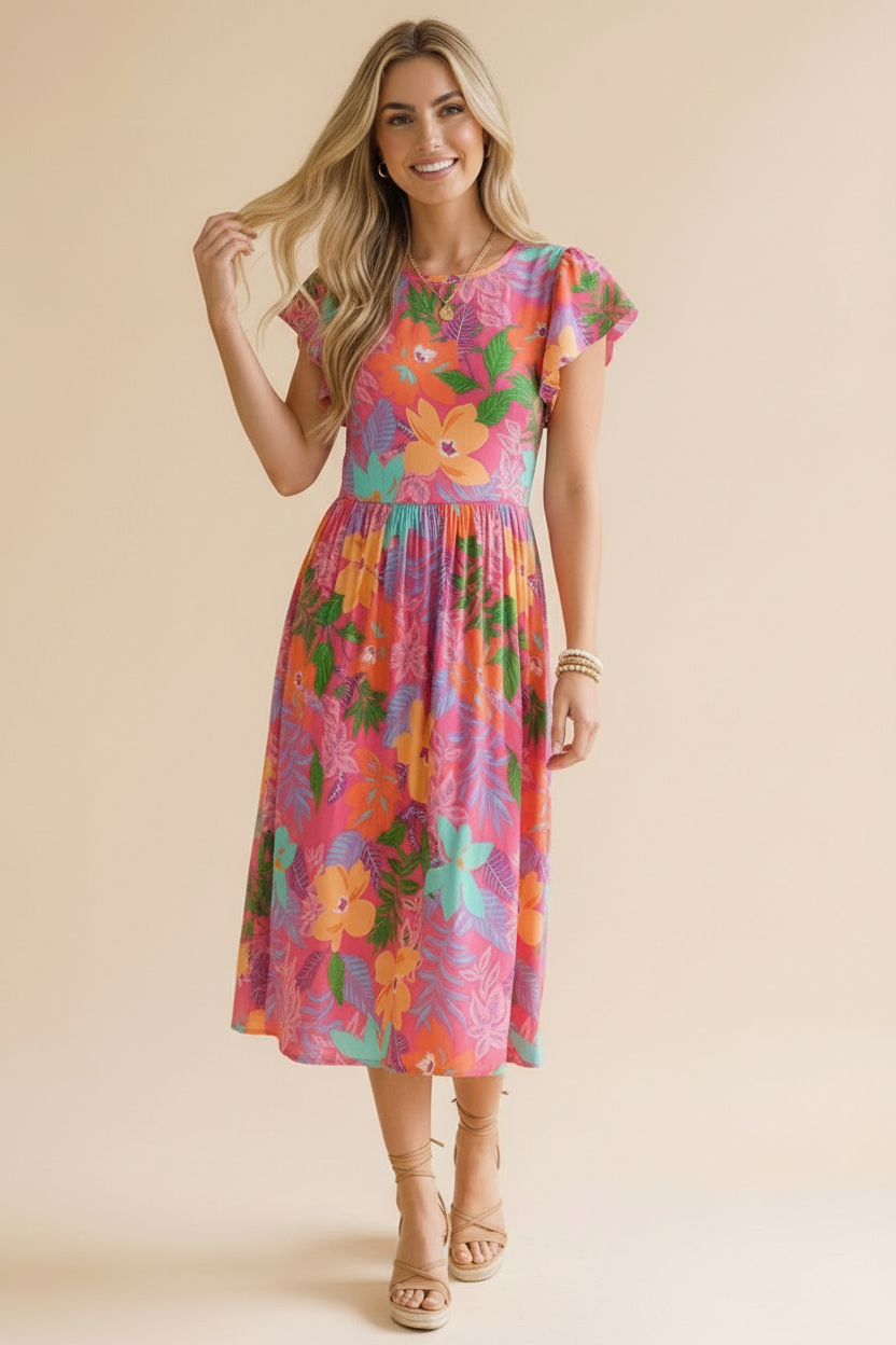 Ruffle Sleeve Floral Dress- Tropical Pink