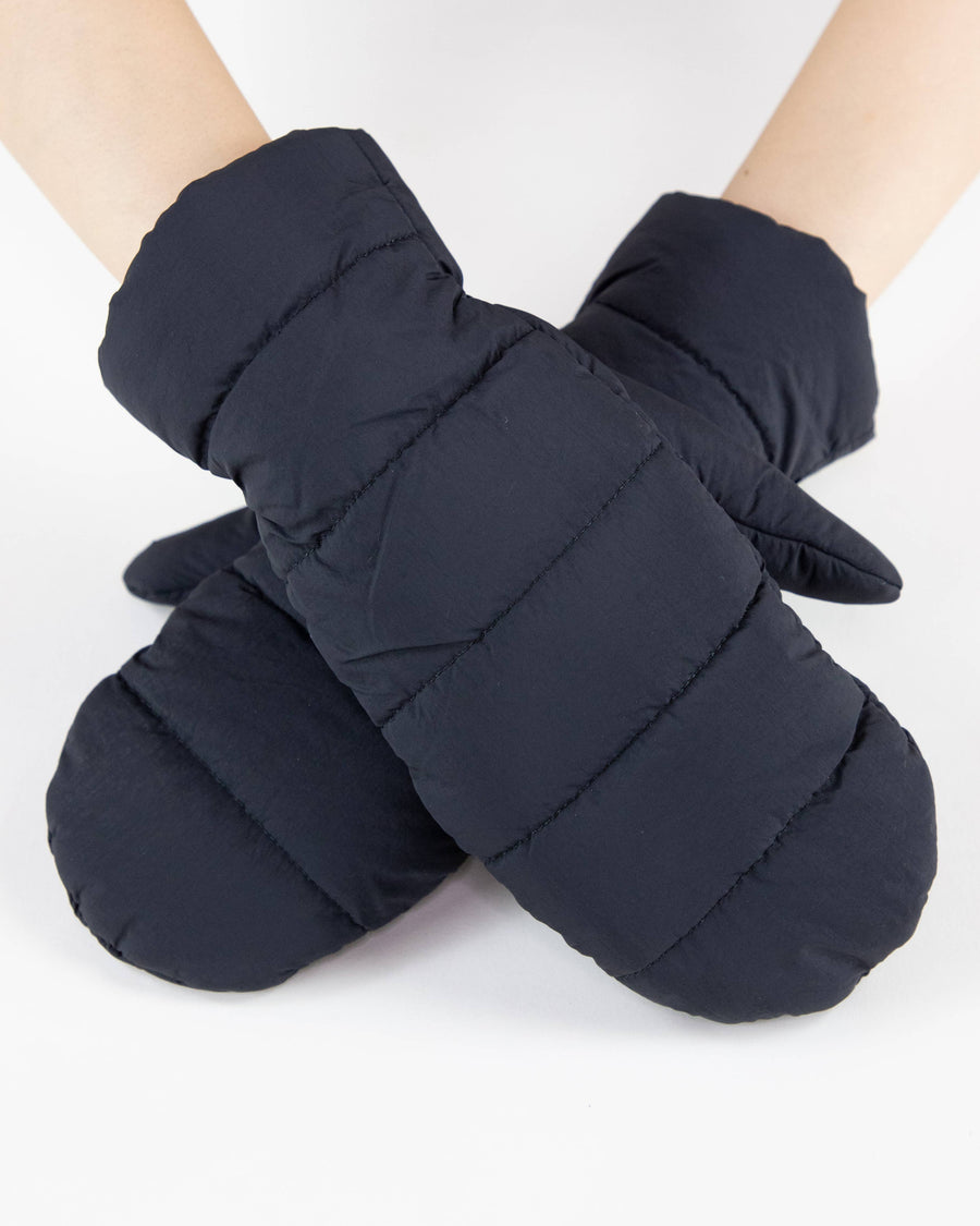 Solid Matte Ribbed Puffer Mittens  - BLACK