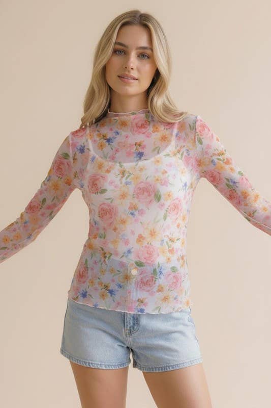 Sheer Mesh Top- Coral & Yellow Floral