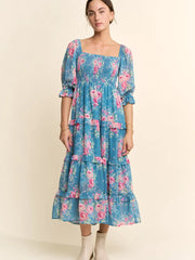 Garden Floral Chiffon Maxi Dress- Teal