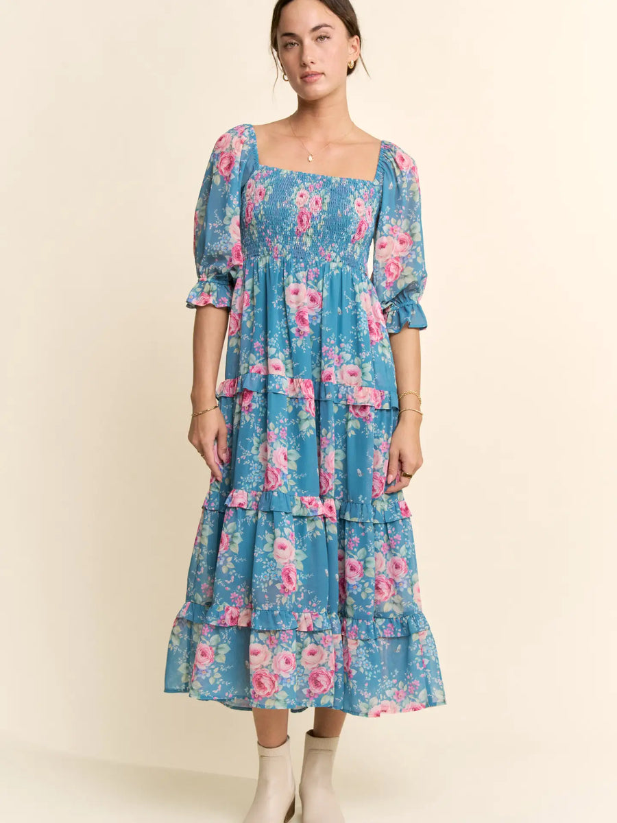 Garden Floral Chiffon Maxi Dress- Teal