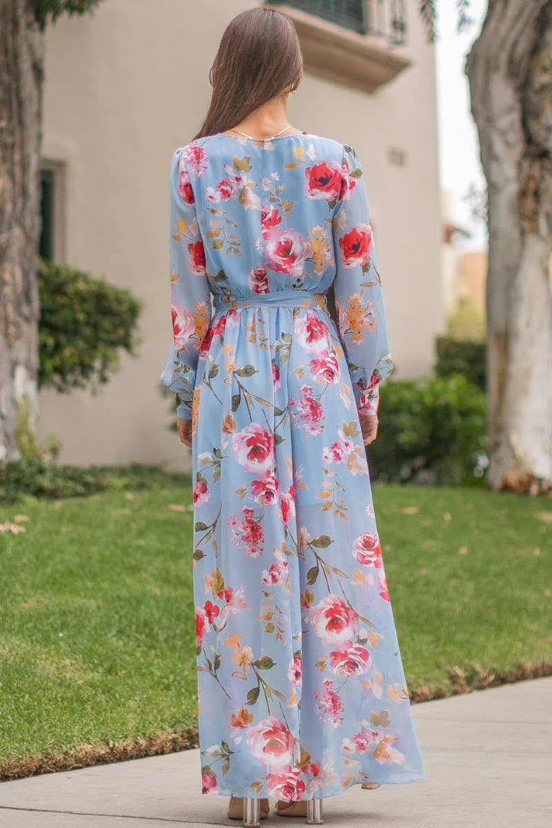 Faux Wrap Hi Low Dress- Perwinkle Floral