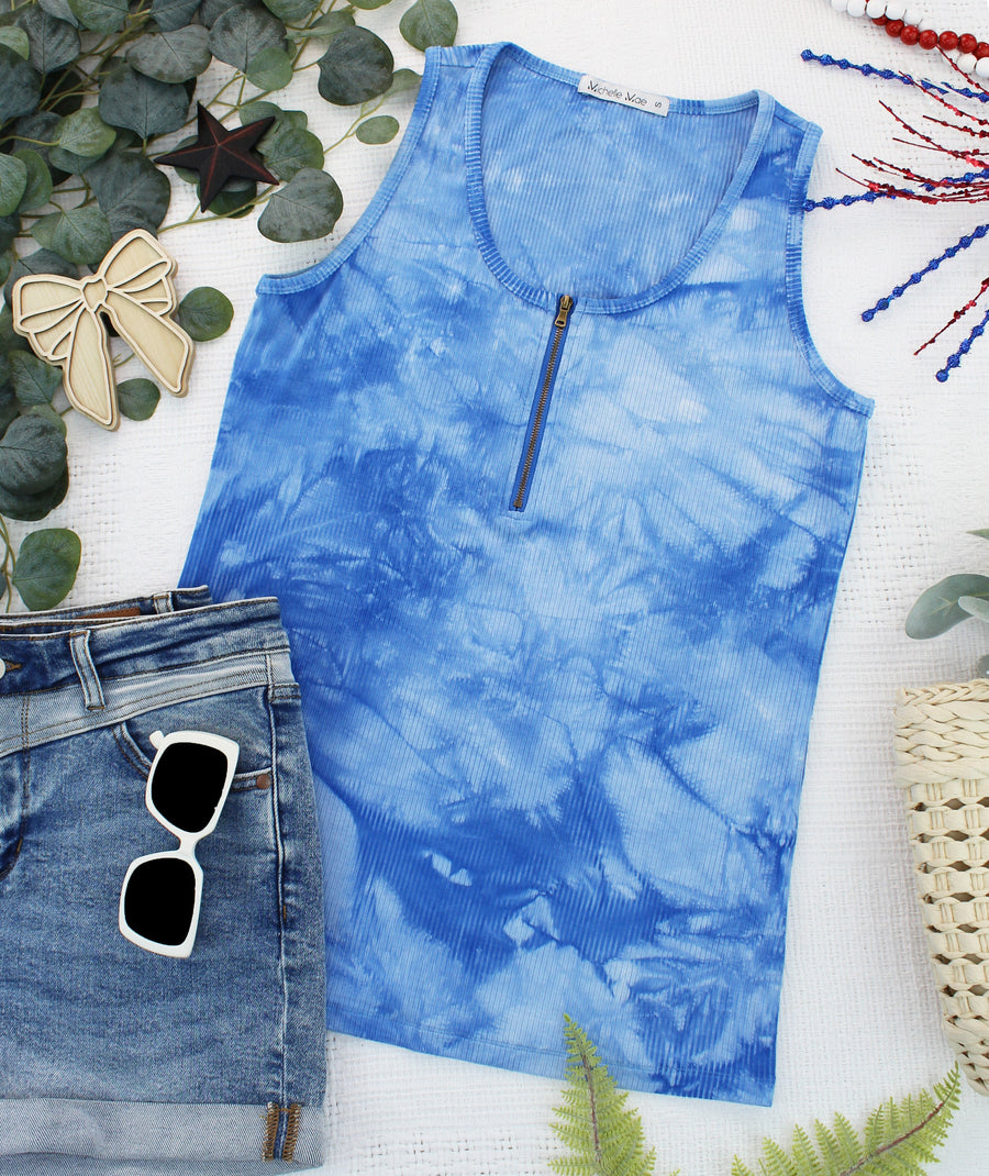 WAREHOUSE ONLY Mila Zipper Tank - Blue Tie Dye FINAL SALE
