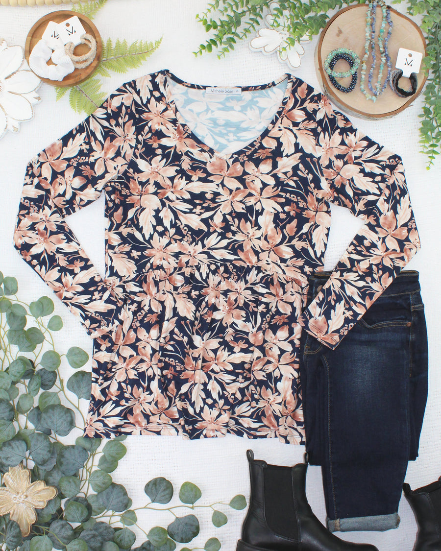 WAREHOUSE ONLY Long Sleeve Sarah Ruffle Top - Navy Autumn Petals