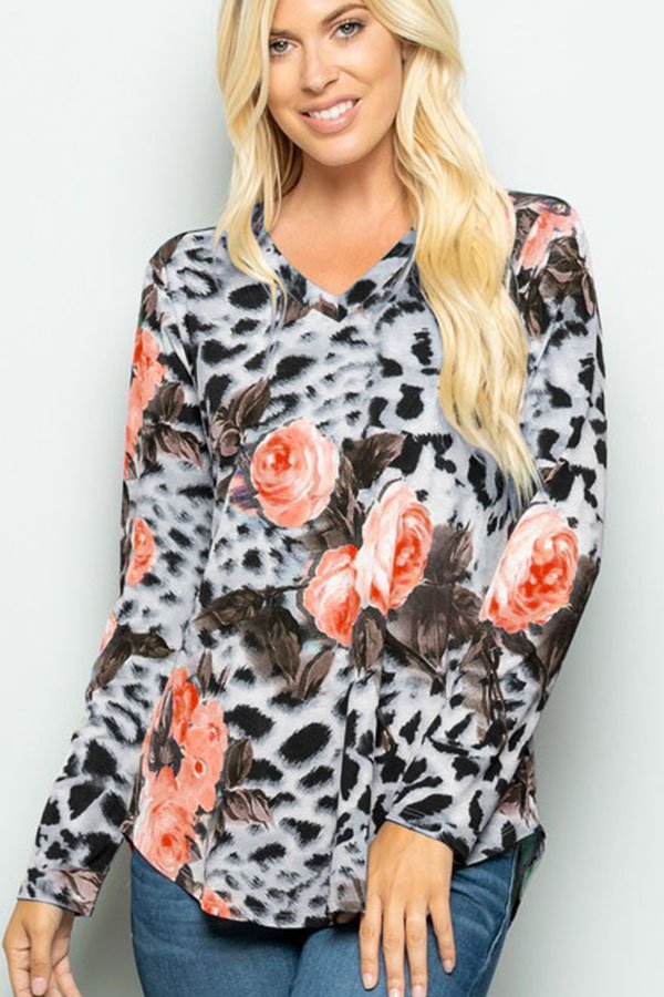 Animal Print Long Sleeve Top- Grey