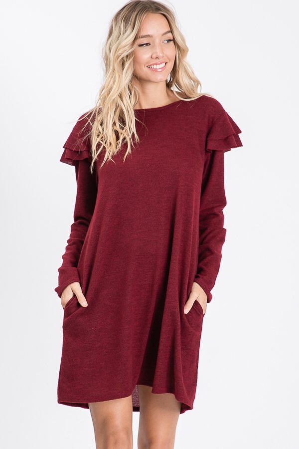 Flutter Sleeve Sweater Dress- Deep Burgundy