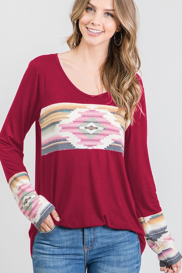 Aztec Color Block with Sleeve Contrast- Burgundy