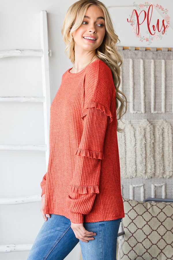 Ruffle Sleeve Waffle Knit Long Sleeve- Terracotta