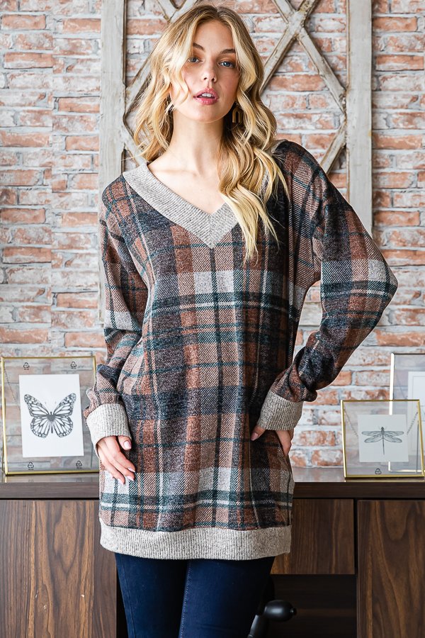 Plaid V Neck Tunic