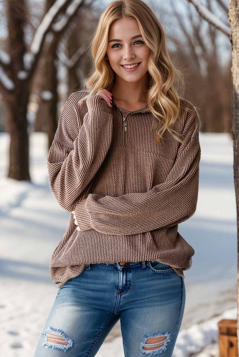 Urban Ribbed 1/2 Zip Hoodie- Mocha