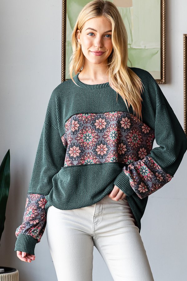 Banded Floral Urban Ribbed Long Sleeve- Hunter Green