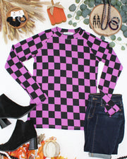 WAREHOUSE ONLY Blair Long Sleeve Top - Black and Purple Checkers