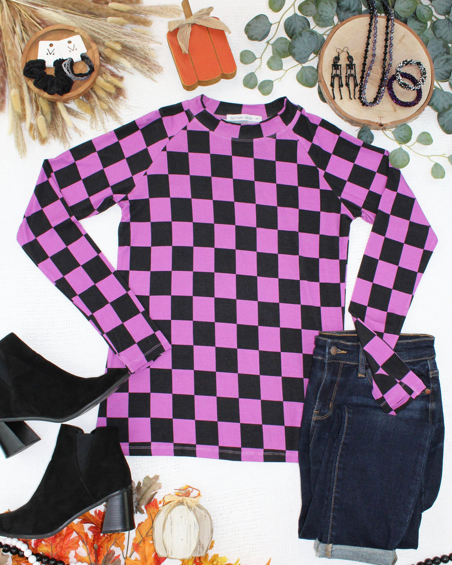 WAREHOUSE ONLY Blair Long Sleeve Top - Black and Purple Checkers