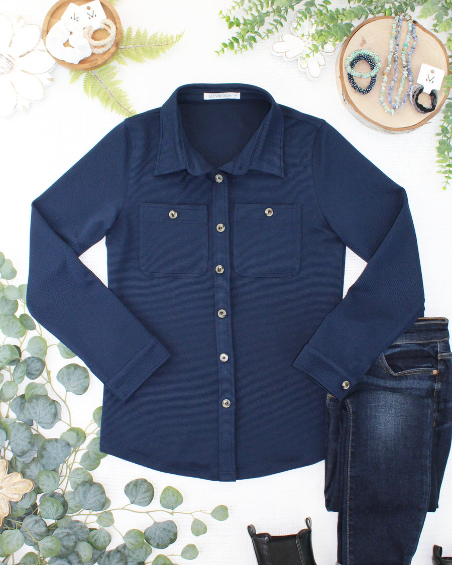 WAREHOUSE ONLY Ryleigh Ribbed Button Down - Navy