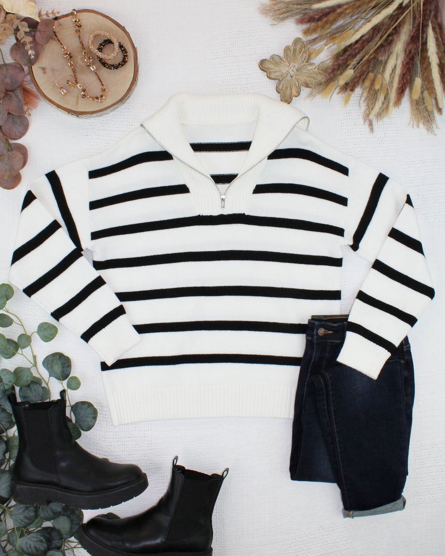 WAREHOUSE ONLY Quarter Zip Striped Pullover - Black and White