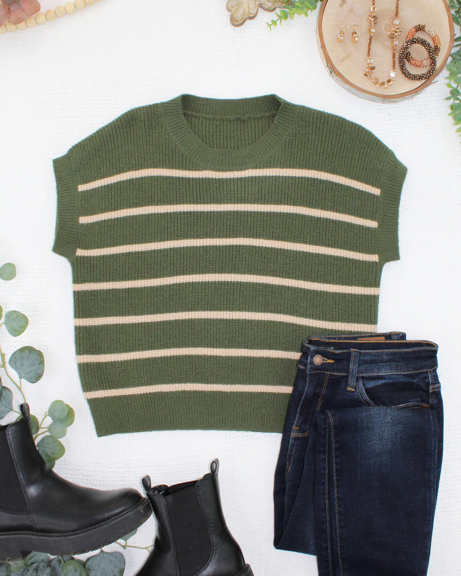 WAREHOUSE ONLY Striped Sweater Top - Olive and Tan