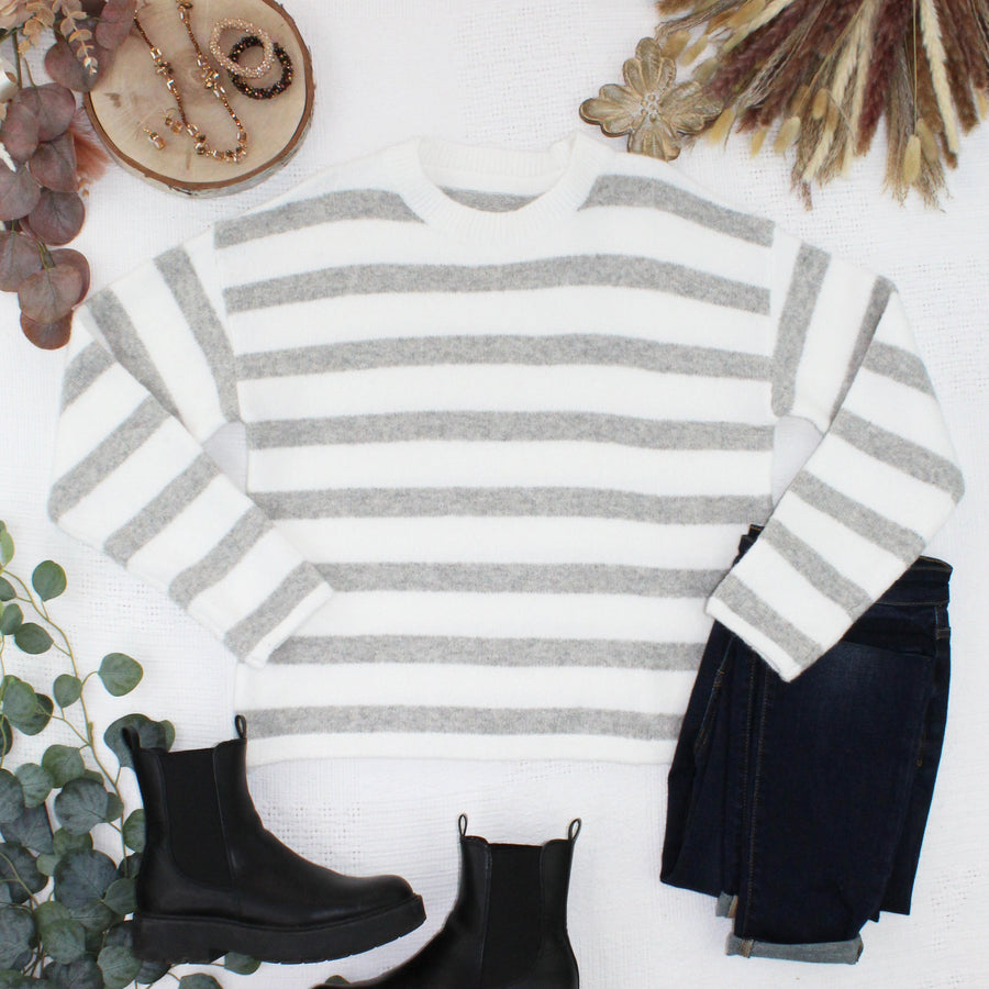 WAREHOUSE ONLY Cozy Stripe Sweater - Grey and White