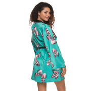 Adrienne Printed Satin Kimono - Teal Satin Wings